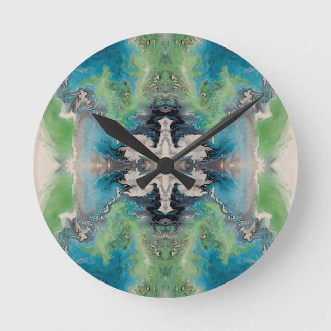 Artistic Fluid Abstract in Aqua & Green Round Clock (Front)