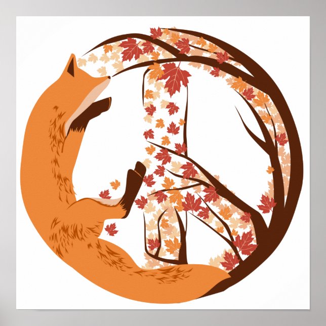 Artistic Fox Peace Sign Autumn Leaves Tree Poster (Front)