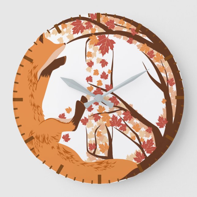 Artistic Fox Peace Sign Autumn Leaves Tree Poster Large Clock (Front)