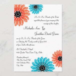 Artistic Garden Coral and Blue Wedding Invitation