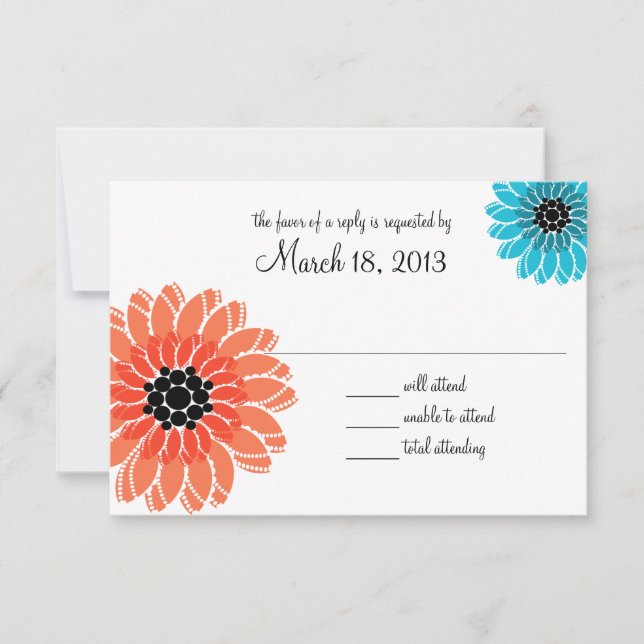 Artistic Garden Coral and Blue Wedding RSVP Card (Front)