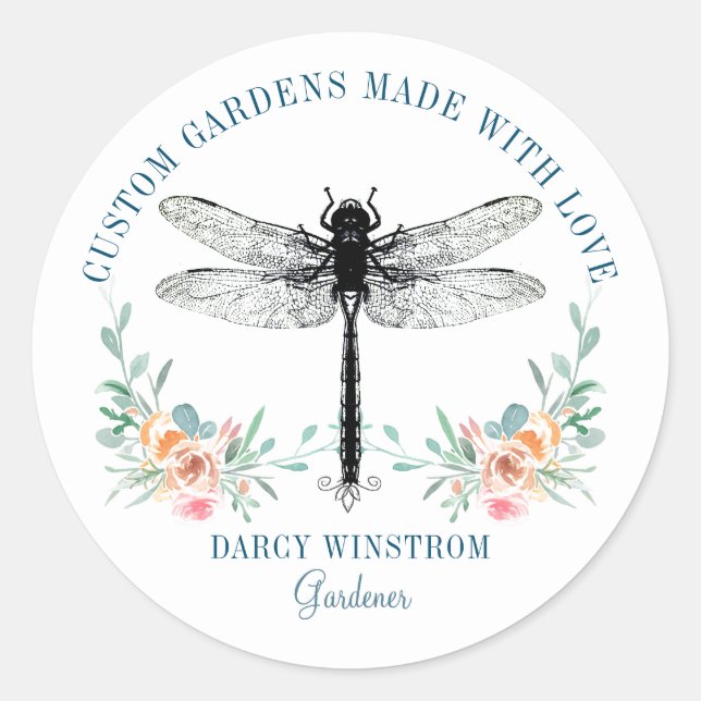 Artistic Gardener Landscaper Dragonfly Logo Classic Round Sticker (Front)