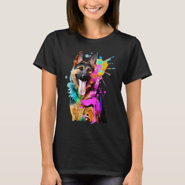 Artistic German Shepherd with Paint Splashes T-Shirt (Front)