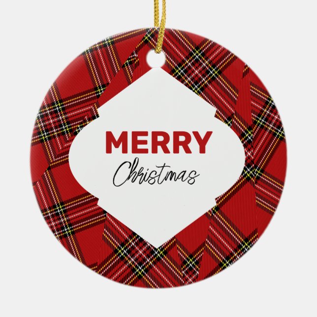 Artistic Glitter Merry Christmas Red Plaid Ceramic Ornament (Front)