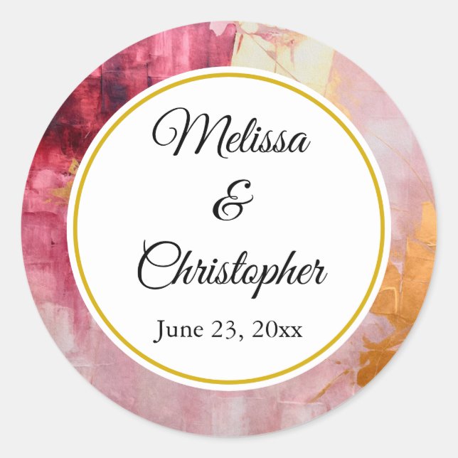 Artistic Gold and Pink Abstract Wedding Classic Round Sticker (Front)