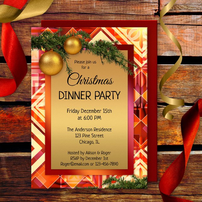 Artistic Gold Christmas Dinner Party Invitation (Modern Christmas or New Year party invitation featuring pine twigs on geometric artistic gold)