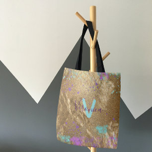 Artistic Gold Metallic Foil Glitter Paint Splatter Tote Bag
