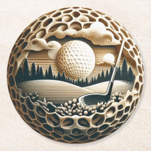 Artistic Golf Course with Club and Ball Round Paper Coaster