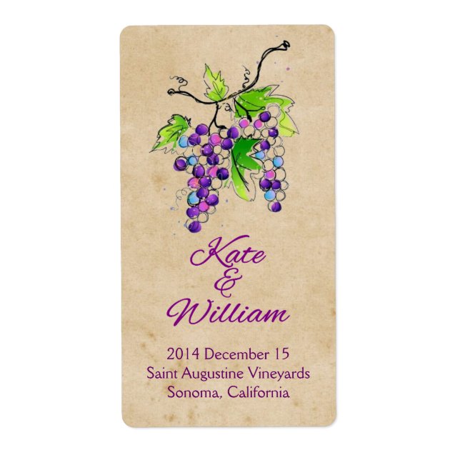 Artistic Grapes Vineyard Wedding Wine Bottle Label (Front)