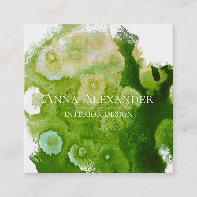 Artistic Green Abstract Watercolor Art Square Business Card (Front)