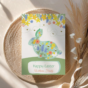 Artistic Green Happy Easter Floral Bunny Rabbit Holiday Card