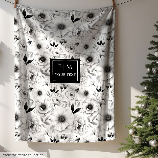Artistic grey hues floral blanket with custom name (Artistic grey hues floral blanket with custom name)