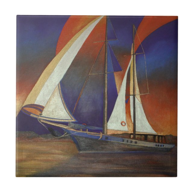Artistic Gulet Under Sail In Orange and Purple Ceramic Tile (Front)