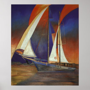 Artistic Gulet Under Sail In Orange and Purple Poster