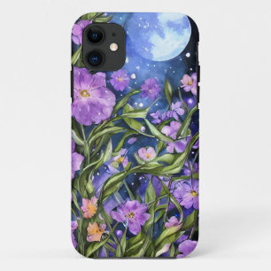 Artistic hand painted night garden full moon Blue iPhone 11 Case