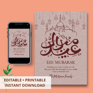 Artistic Hanging Lanterns Line Art Eid Mubarak Holiday Card