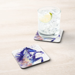 Artistic Horse Watercolor Splatter Painting Blue Coaster