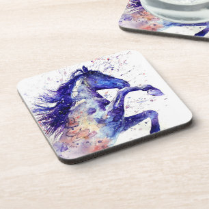 Artistic Horse Watercolor Splatter Painting Blue Coaster