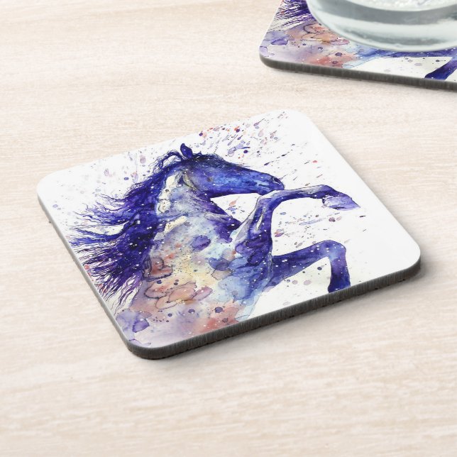 Artistic Horse Watercolor Splatter Painting Blue Coaster (Left Side)