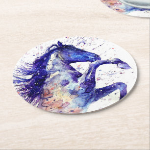 Artistic Horse Watercolor Splatter Painting Blue Round Paper Coaster