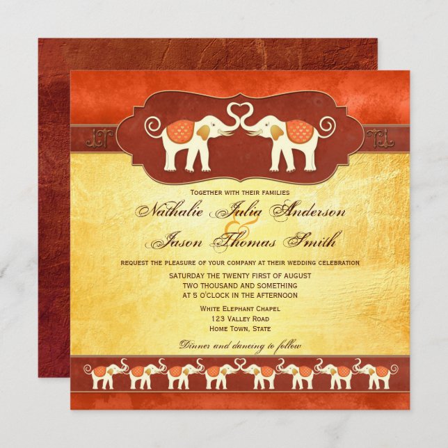 Artistic Indian White Elephants Wedding Invitation (Front/Back)