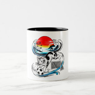 Artistic Japanese Soccer Cat Gift for anime lovers Two-Tone Coffee Mug