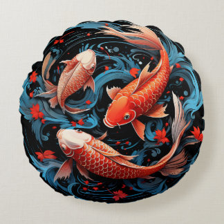 Artistic Koi Fish with a Black Base Round Cushion