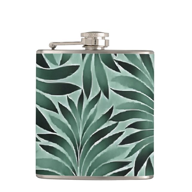 Artistic Leaves Aqua Grey Colour Scheme Hip Flask (Front)