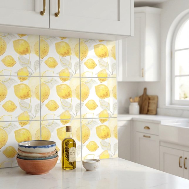 Artistic Lemons Yellow Grey Seamless Pattern Ceramic Tile (Creator Uploaded)