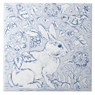 Artistic Light Blue Bunny Rabbit Bird Floral Delft Ceramic Tile