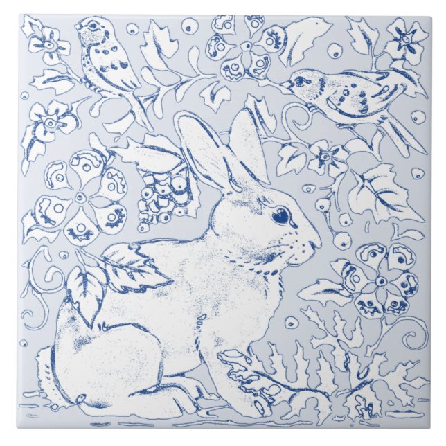 Artistic Light Blue Bunny Rabbit Bird Floral Delft Ceramic Tile (Front)
