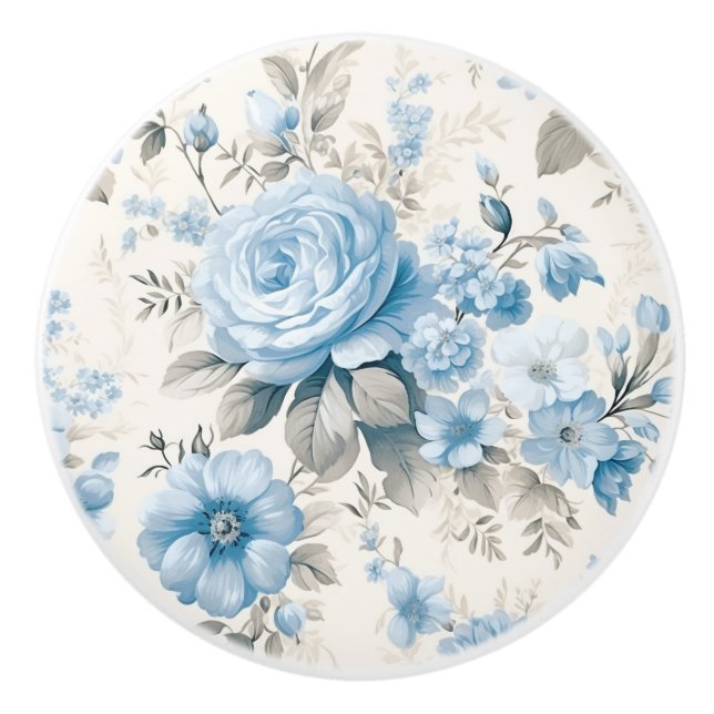 Artistic Light Pastel Blue Roses Ceramic Knob (Front)