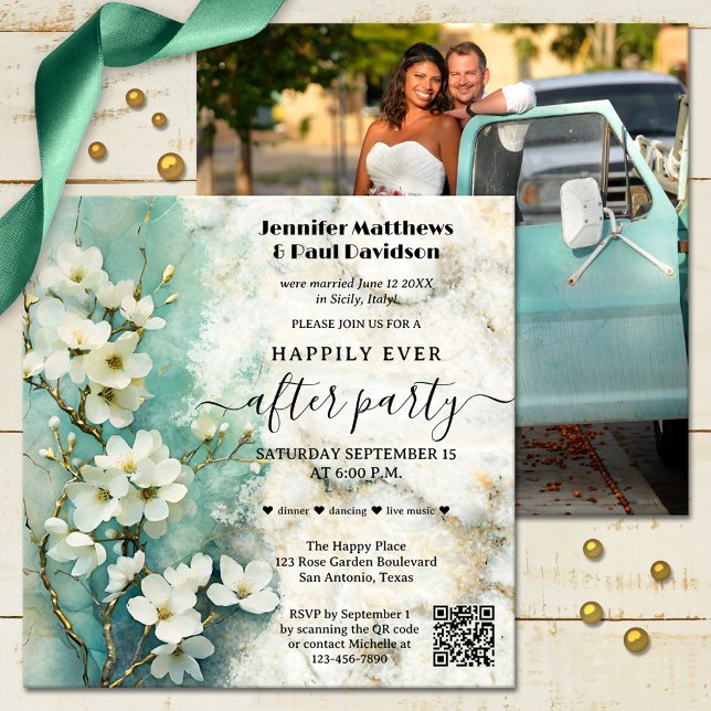 Artistic Marble Floral Happily Ever After Wedding Invitation (A happily after wedding photo invitation with QR code showing white flowers on marble. )