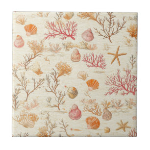 Artistic Marine Coral Seashell Terracotta Ivory Ceramic Tile