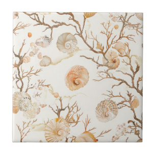 Artistic Marine Coral Seashell Terracotta Ivory Ceramic Tile