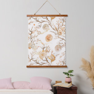 Artistic Marine Coral Seashell Terracotta Ivory Hanging Tapestry