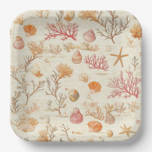 Artistic Marine Coral Seashell Terracotta Ivory Paper Plate
