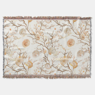Artistic Marine Coral Seashell Terracotta Ivory Throw Blanket