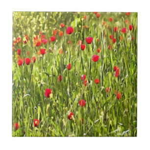 Artistic Meadow Poppy Landscape Ceramic Tile