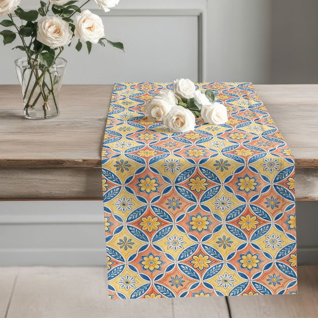 Artistic Mediterranean Traditional Tile Motifs Long Table Runner (Artistic Mediterranean Traditional Tile Motifs Long Table Runner)