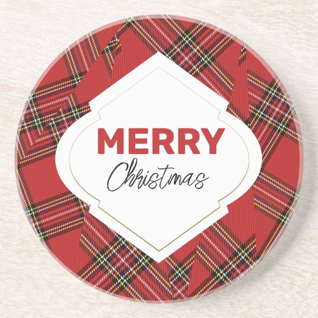Artistic Merry Christmas Red Plaid Coaster (Front)