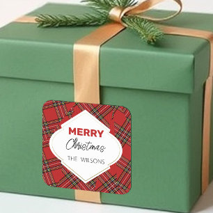 Artistic Merry Christmas Tartan Burgundy Square Sticker