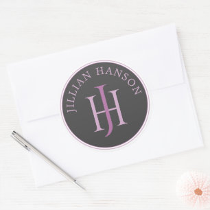 Artistic Monogram Name Logo Raspberry Violet Classic Round Sticker