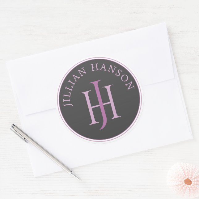 Artistic Monogram Name Logo Raspberry Violet Classic Round Sticker (Envelope)