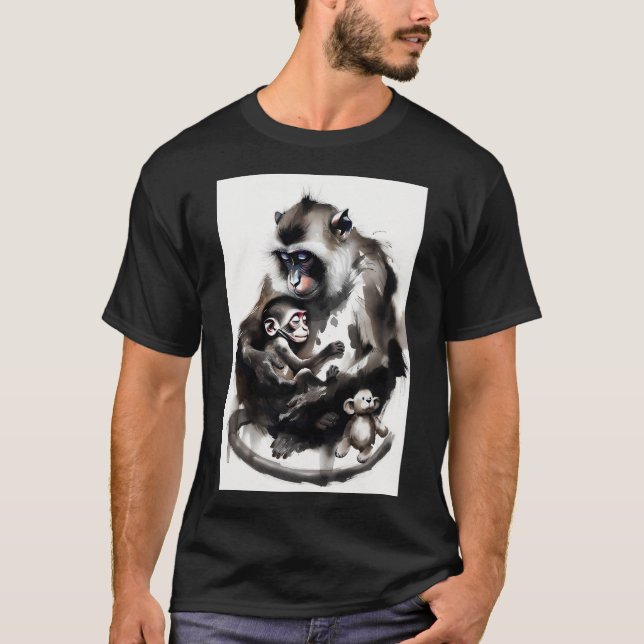 Artistic Mother and Baby Monkey Ink Wash Illustrat T-Shirt (Front)