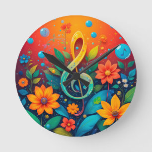 Artistic Musical Note Surrounded By Colourful Flow Round Clock