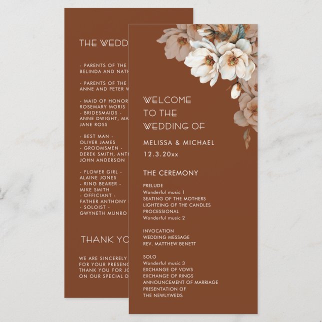 Artistic Neutral Flowers Terracotta Wedding Program (Front/Back)