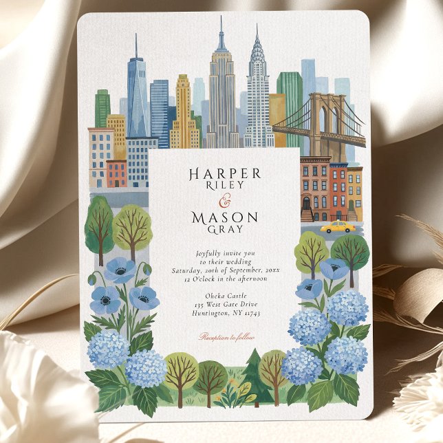 Artistic NYC Skyline Slate Blue Hydrangea Wedding Invitation (Creator Uploaded)
