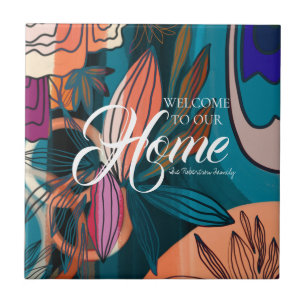 Artistic Orange Pink Navy Botanical Leaves Welcome Ceramic Tile