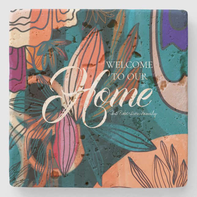 Artistic Orange Pink Navy Botanical Leaves Welcome Stone Coaster (Front)